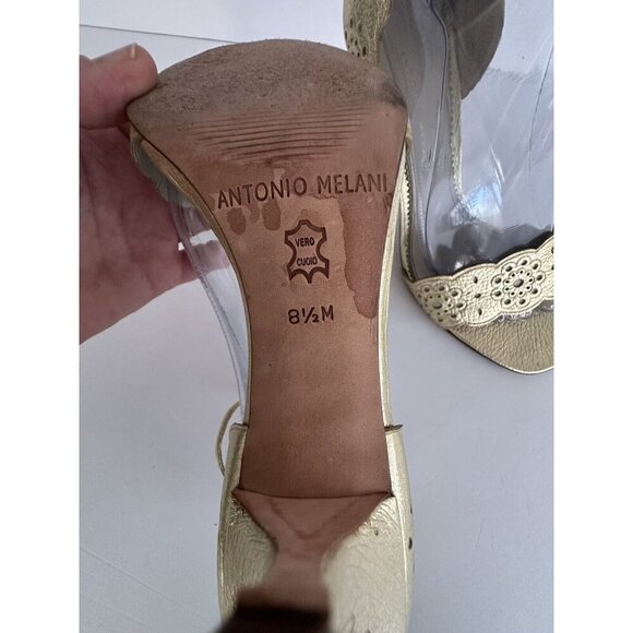 ANTONIO MELANI Wmn Strappy 3" Heel‎ Sandals 8.5M Gold Cutout Leather Glam Fairy - Picture 12 of 15